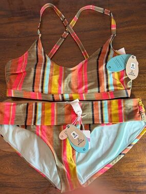 Prana Aqua, Coral, Mustard & Brown Striped Bikini.